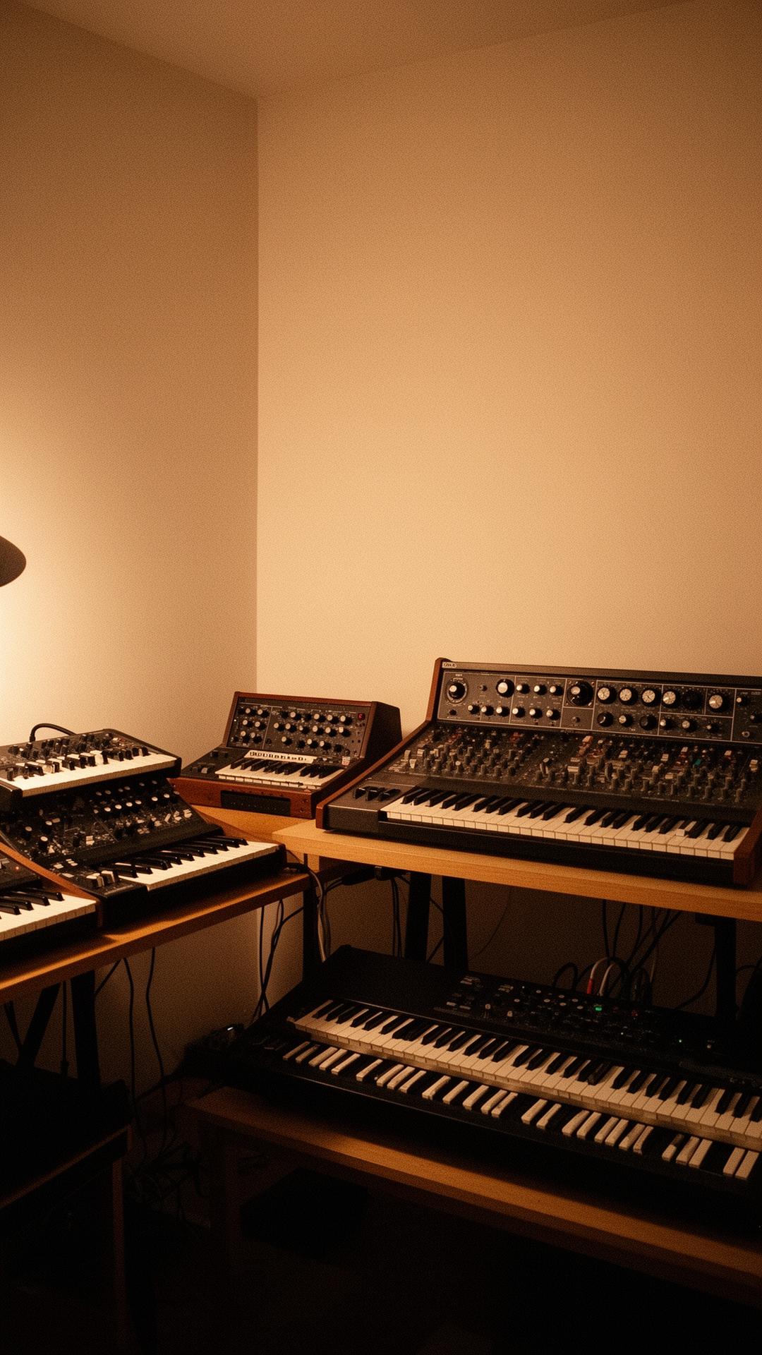 Vintage analog synthesizers and mixing console in a warmly lit studio